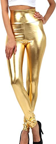 Sakkas 2616 Shiny Liquid Metallic High Taille Stretch Leggings - Gold - M
