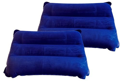 LUPO Inflatable Camping Pillows 2Pcs - Blow up Travel Cushions Lightweight Compact - Waterproof Soft Flocked Surface - Easy Inflate and Deflate - 45 x 25cm Blue