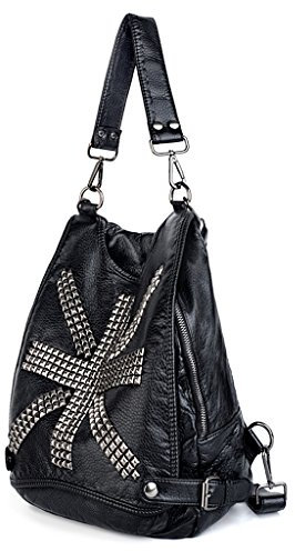 UTO Damen Rucksack Union Jack UK Flag Niet Studded PU gewasches Leder Purse Convertible Frau Rucksack Schultertasche schwarz