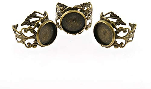 Vintageparts 4 verzierte Ringrohlinge in antik Bronze mit Fassung für 12 mm Cabochons, DIY-Schmuck