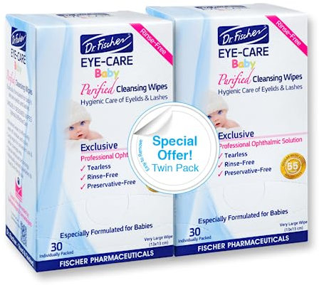 Purified, Non-irritating, Tear-free, Hypoallergenic and Sensitive Approved Baby Eyelid Wipes by Dr. Fischer - Pre-moistened, Rinse-free and Paediatrician Recommended (Twin Pack)