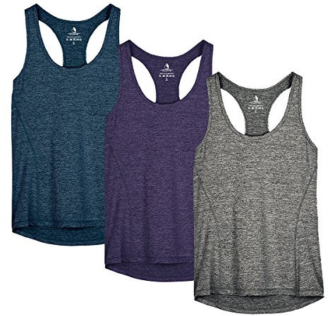 icyzone Damen Sporttop Yoga Tank Top Ringerrücken Oberteil Laufen Fitness Funktions Shirt, 3er Pack (L, Royal Blue/Purple/Charcoal)