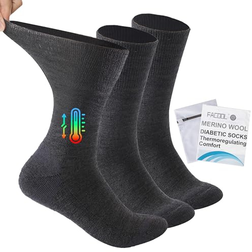 Facool Diabetic Socks for Men, Women's Merino Wool Crew Socks with Cushion Sole and Seamless Toe, Hospital Wellness Loose Top Medical Socks for Edema,Diabetes,Neuropathy, 3 Pairs Large Dark Grey