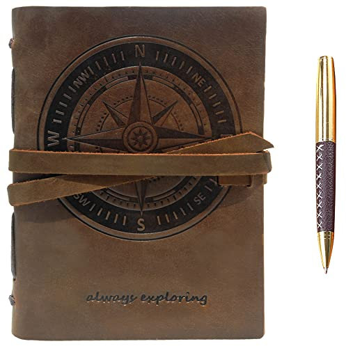 Leder Notizbuch A5 Tagebuch Journal Geprägt Kompass Handgefertigte Reisetagebuch, Vintage Notebook Für Männer Frauen Antik Rustikal Echtes Leder 21X15Cm Geschenk Sketchbook Reisende Travelers Notebook