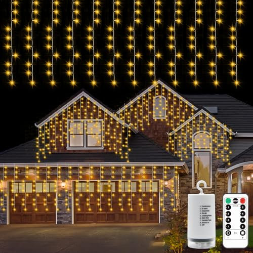 Battery Icicle Curtain Lights with Remote, 4M x 1M 200 LED Fairy Lights Curtain Outdoor Waterproof Window Light with Timer 8 Modes Dimmable for Eave Bedroom Gazebo Wall Party Decor (Warm White)