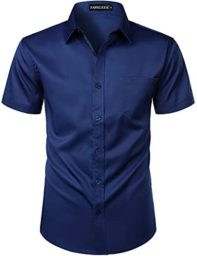 PARKLEES Mens Casual Urban Stylish Slim Fit Short Sleeve Button Up Dress Shirt with Pocket ZLSC15 Navy Blue L