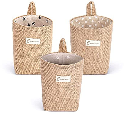 3 Stück Baumwolle und Leinen Storage Basket,Baumwolle Leinen Aufbewahrungstasch, Hängende Aufbewahrungstasche,Abnehmbar, Faltbar, Waschbar , für Die Wand, Tür, Badezimmer,Make-Up, Schlüssel