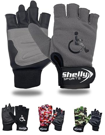 Shelly Sports Rollstuhlhandschuhe Echtleder Handflächenhandschuhe Mobilität Gepolsterte Handschuhe Atmungsaktive, fingerlose Fahrradhandschuhe mit Anti-Rutsch-Griff, , Silbergrau, Schwarz