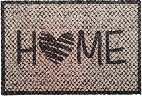 oKu-Tex Fußmatte, Schmutzfangmatte, mit Aufdruck, für innen, rutschfest, waschbar, stylisch, Home mit Herz Beige-Braun, 40 x 60 cm
