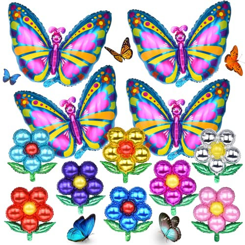 Herefun Blumen Schmetterlings Folienballons, 12 Stück Folienballon Geburtstag Mädchen Kinder, Bunt Schmetterling Luftballons Kindergeburtstag, Helium Ballons Set Schmetterling (Butterfly)