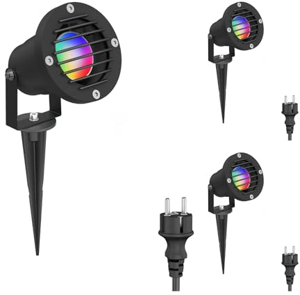 ledscom.de 3x Gartenstrahler DUK, Gitter, mit Erdspieß für außen, schwarz, IP65, inkl. Smart Home RGBW GU10 LED Lampe 473lm