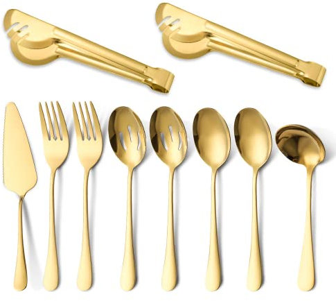 wrtgerht Pack of 10, Stainless Steel Fork Spoon, Colander, Cutlery Set, Multi-Purpose Food Steak Clip Kitchenware (Color : Gold, Size : 10PCS)