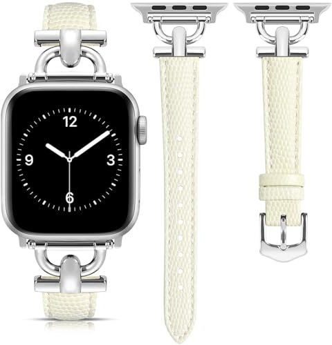 mxiixnai Leather Strap Compatible with Apple Watch Straps 41mm 40mm 42mm 38mm Women, Slim Thin Leather Replacement Strap for iWatch Bands Series 10 9 8 7 6 5 4 3 2 1 SE,Milky White/Silver