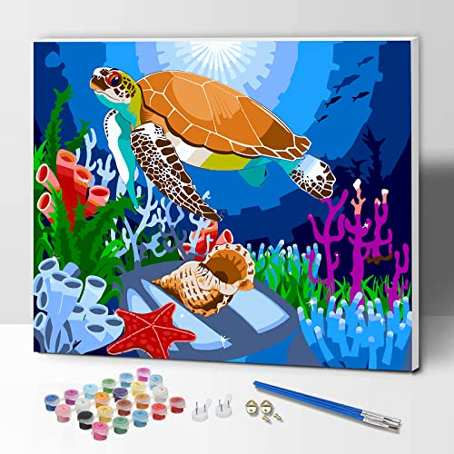 ifymei Paint by Numbers for Adults, Children, Beginners, DIY Gift Canvas Painting Kits with Frame, 12x16 Inch Colorful Sea Turtle