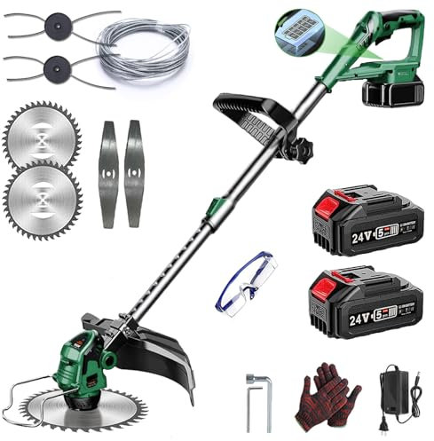 Decespugliatore a Batteria 24V, Tagliabordi a Batteria 3 In 1, con 2 Batterie 2,0 Ah, Maniglia Telescopica, Testa Girevole 90°, Linea di Taglio di 20 Metri, 4 Lame in Lega(Verde)