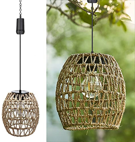 Battery Operated Outdoor Hanging Light Waterproof,6 Hours Timer Seagrass Woven Chandelier Indoor Outdoor Rattan Lantern for Patio Porch Gazebo Garden,Battery Operated Pendant Light with Edison Bulb