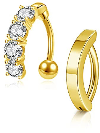 JSDDE 2er Edelstahl Bauchnabelpiercing Ring 14ga 10mm Bauch Clicker Piercing CZ Bauchnabelringe Gold