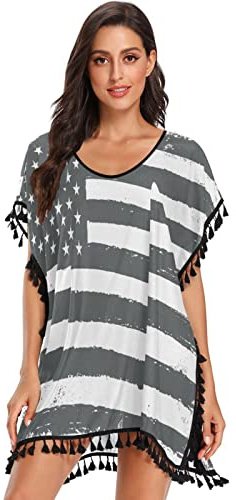 Drapeau Américain USA Gris Mousseline de Soie Gland Maillot de Bain Cache Maillots de Femmes Bikini Cover Up Robe de Plage