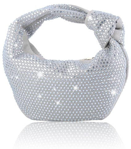ELDA Geknotete Handtasche für Damen - Klein, Glitzernd, Strass, Designer-Hobo-Knödeltasche, Abend-Clutch, Cremeweiß