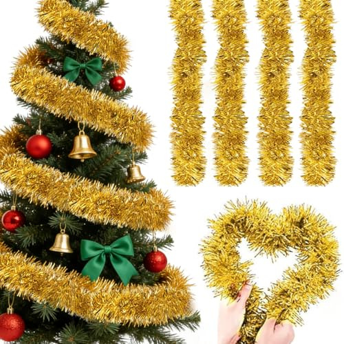 Lametta Girlande Weihnachtsbaum Girlanden - 4er Set (8m Gesamt) Extra Flauschig & 9cm Breit, Glänzende Weihnachten Lametta Girlandes für Festliche Deko, Christbaum Girlande & Partydekoration, Gold