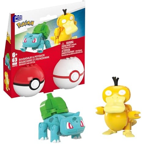 Mega Pokémon Coffret de Construction Bulbizarre et Psykokwak, avec Figurines articulées 63 pièces, 2 Poké Balls, pour Enfants, HXP14