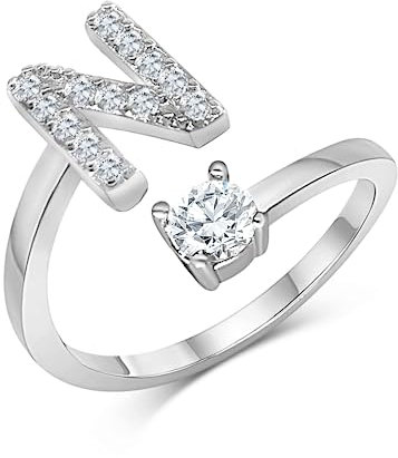 Zelaro Silber Ring mit Buchstabe | Zirkonia Ring mit Initialen | Pärchen Ringe für Mädchen Geschenk für Freundin | Frauen Ring als Schmuck Ringe zum Jahrestag | Verstellbare Ringe in Silber (N)