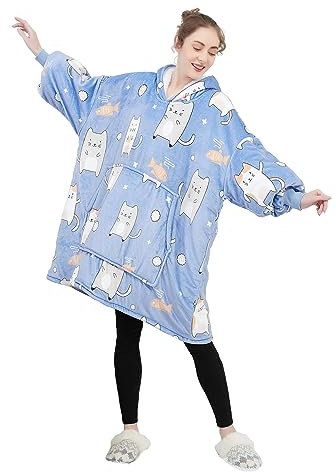 SASIGAYA Übergroße Hoodie Decke Damen Weich Flanell Kuscheldecke Flauschige Kapuzenpullover Oversized Pullover Sweatshirt Sherpa Gemütliche Warme Riesen-Hoodie Tragbar Ganzkörperdecke Blau Katzen