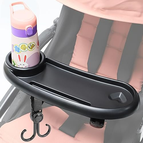 Baby Snack Tray with Cup Holder, Universal Stroller Snack Tray, Removable Pram Food Tray with 2 Hooks, Baby Stroller Snack Tray, Multifunction Portable Stroller Child Snack Tray for Strollers