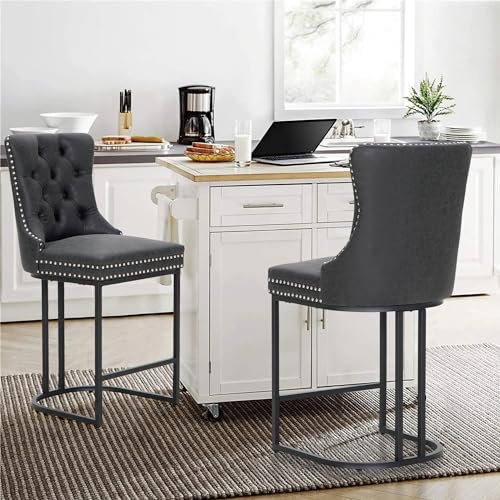 Alpha Home Thekenhöhe 2er Set Barhocker, Moderne Kunstleder Barchairs mit Knopf & Nieten, gepolstert Küchenhocker, Rückenlehne Fußstütze aus Metall Frühstück Hocker