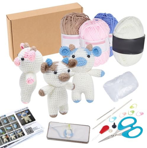 FREEBLOSS 3 Häkel Kuh Set, Häkelset Für Anfänger Und Erwachsene, Komplettes Tier Häkelgarn, Stricksets, DIY Bastelkunst Mit Schritt Für Schritt Video Anleitungen