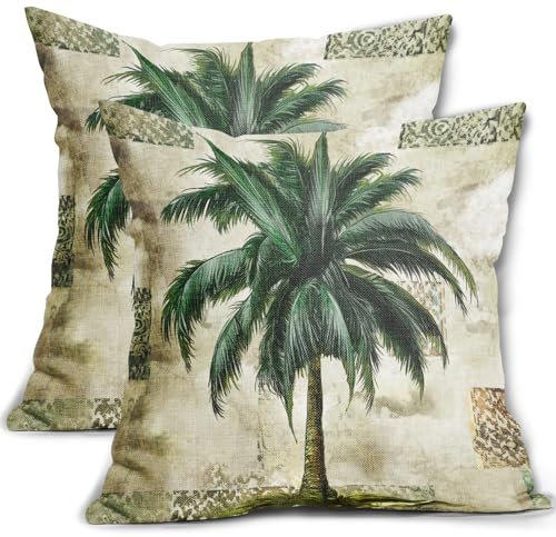 Tropical Palm Tree Pillow Covers 20x20 Inch Vintage Green Banana Leaf Outdoor Decorative Throw Pillow Covers Set of 2 Rustic Pillowcases Farmhouse Cotton Linen Cushion Covers for Couch Bed Sofa Decor