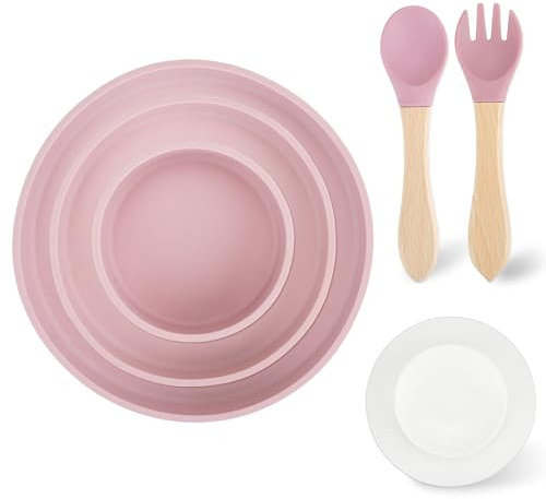 Mulaibdin 3 Piezas Platos Bebe, Plato Bebe Ventosa Desmontable, Plato Silicona Bebe, Cuenco Silicona Bebe Snack, Cubiertos Infantiles con Cucharas y Tenedor, Sin BPA (Rosa)