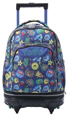 TOTTO - Mochila Escolar con Ruedas Desmontables, Modelo Tiza, Capacidad 26 L, Mochila PC 15.4, Bolsillo Botella, Manija Telescópica, Espaldar Ergonómico y Correas en S, Estampado Tello Azul