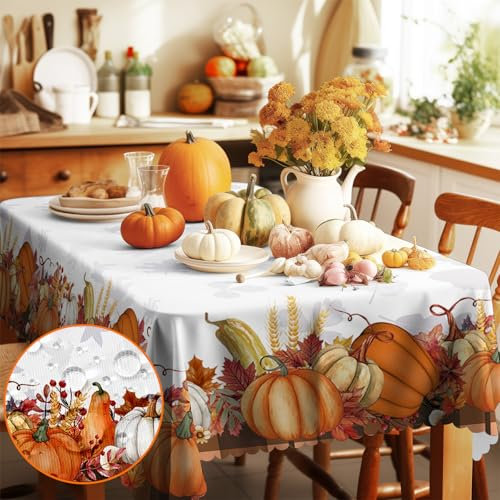 Table Cloth Wipe Clean Rectangular 110x140 cm, Waterproof Tablecloth 0utdoor Wipeable Tablecloths Rectangle, Pumpkin Autumn Leaves Table Cover for Dining Kitchen Thanksgiving Harvest Party Picnic