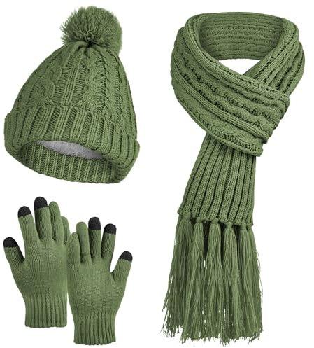 DiaryLook Mütze Schal Winter Handschuhe sets für Damen Strick set Fleece Loop Damen Schals Winterschal Knitted Pom Pom Cap,Green