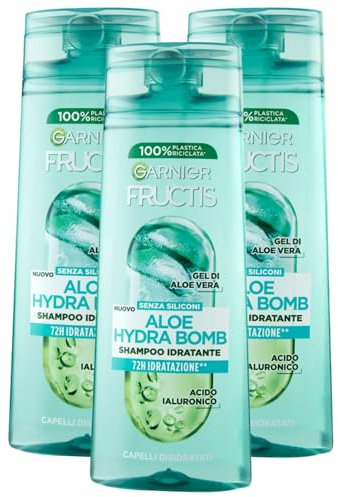 Shampoo Idratante ALOE HYDRA BOMB, Con Gel Di Aloe Vera e Acido Ialuronico. Per Capelli Disidratati, Senza Siliconi 250ml (3 Flaconi)