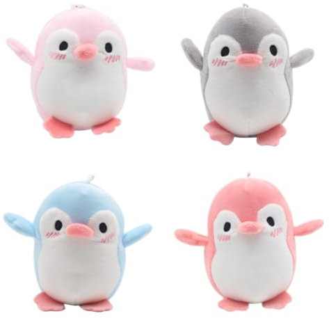 Embhlitfe 4 Stück Kleine Plüschtiere, Pinguin Spielzeug Mit Perlenkette, Kuscheltiere Anhänge, Puppen Anhänger Mini Tier für Kinder Erwachsene (12cm)