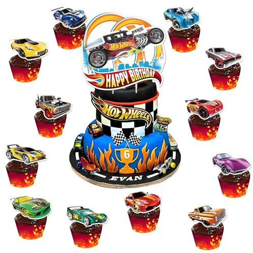 25pcs Racing Car Cake Toppers, Hot Wheels Cake Decoration, Racing Car Cup Cake Toppers for Boys Kids Birthday Party Decoration Supplies