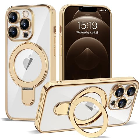 ETPESOK Kompatibel mit iPhone 12 Pro Max Hülle mit magnetischem Ringständer [kompatibel mit Mag-Safe] [Vollständiger Kameraobjektivschutz] Plating Clear Handyhülle für iPhone 12 Pro Max 6,7 Zoll, Gold