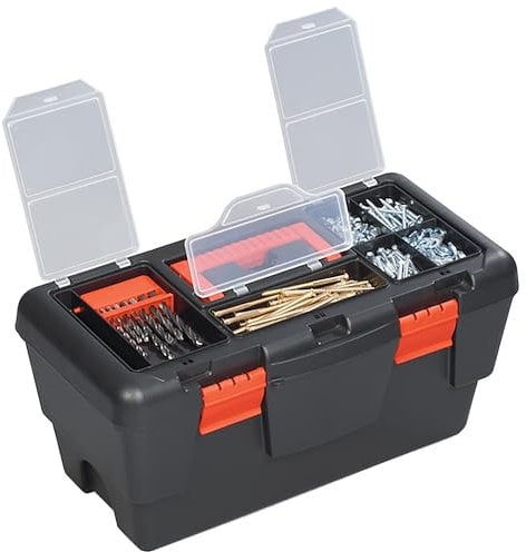 Dekton 19'' Toolbox With Lid Storage & Lift Out Carry Tray Includes Bonus Drill-Durable Carry Handle| Padlock Eye For Added Security| Ideal For Engineers, Workshops, Tool Storage|7 Storage Compartment