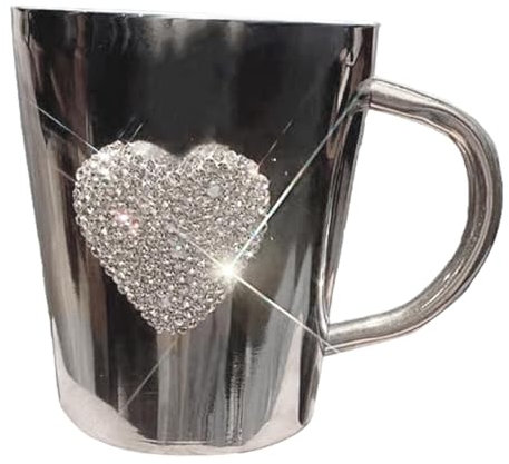 Lesunbak Heart-Shaped Rhinestone Coffee Mug, Heart Shaped Stainless Steel Cup, Rhinestone Multifunctional Tea Cups, 300ml Portable Drinking Mugs with Handle, Valentine's Day Heart Shaped Coffee Cup