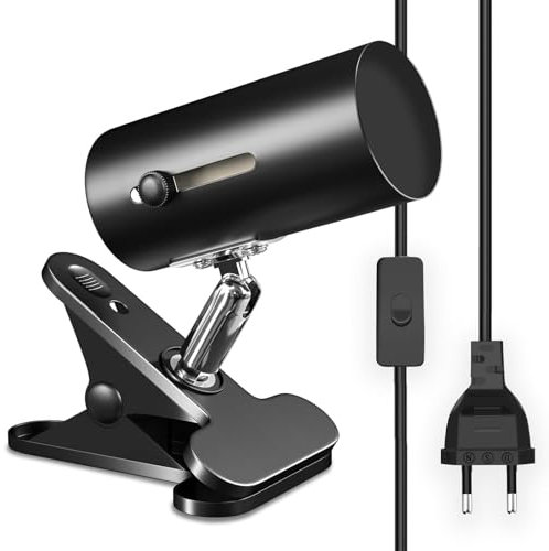 Powice Lampada a morsetto E27 con spina, portalampada con spina, lampada a morsetto regolabile a 360°, E27, cavo lungo 160 cm, con interruttore per camera da letto, letto, ufficio, nero (senza