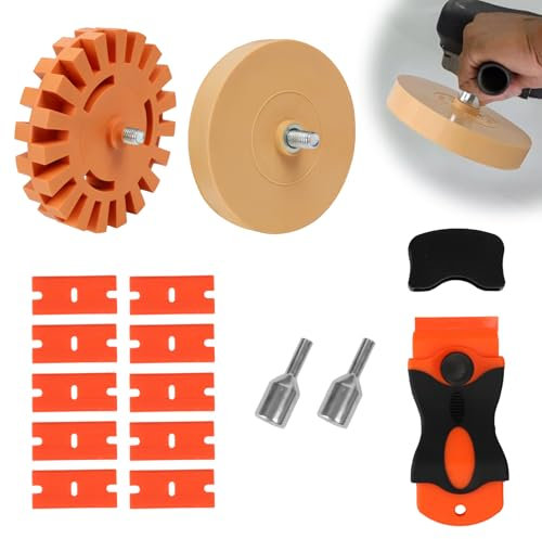 EAEVKPI 2 Folienradierer mit Adapter, Aufkleber Entferner, Radierscheibe von Folien und Kleberesten am Fahrzeug, ø100 mm & ø88 mm, 1 Metall Klebstoffentfernungsklinge, 5 Kunststoffklinge