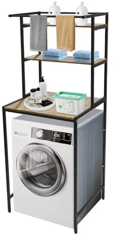 TkkMivcOC Scaffale per lavatrice a 3 ripiani, in metallo, aperto, in piedi per lavatrice, multifunzionale, per lavanderia (nero+rovere)