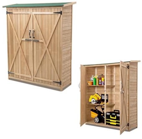 GOPLUS Gartenschrank Holz, Gerätehaus mit Satteldach & Fachböden, Geräteschuppen mit Doppeltür & Ablagen, Gartenhaus Gartenhütte Gartenschuppen Wasserfest für Garten & Hinterhof, 140 x 50 x 162 cm