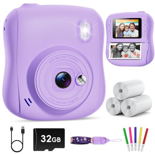 Hangrui Appareil Photo Instantané Enfant, 2,0 Pouces Écran HD Appareil Photo Enfant avec Carte de 32GB & 3 Rouleaux de Papier d'impression,Cadeau Jouet pour Enfant Garçons Filles de 3-10 Ans -Violet
