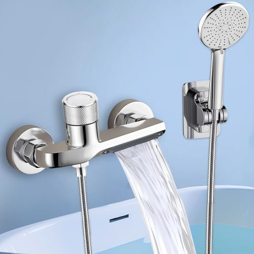 Grifo para Bañera y Ducha con Alcachofa de Mano, Grifo de Bañera Cascada rubinetto a cascata, 3 Funciones ducha, tubo in acciaio inox da 1,5 m, Mezclador Ducha Montado en La Pared, Latón
