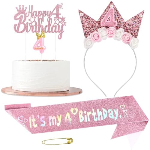 Birthday Party Decorations Set for Girls with Glitter Sash, Hairband (4TH)