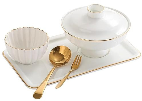 JKXLSLAX Bol à soupe en céramique avec couvercle, verre à yaourt en céramique minimaliste petit déjeuner bol, bol d'avoine avec plateau rectangulaire(White)