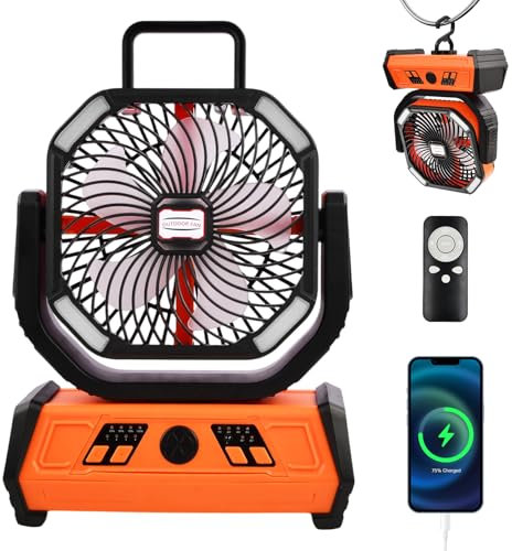 Ventilatore da campeggio con batteria 20000mAh e luce LED, ventilatore USB silenzioso con telecomando, 4 velocità, rotazione e timer, portatile per tenda, outdoor, blackout, viaggi (Arancione)